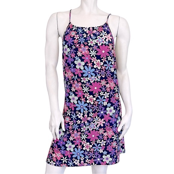 VINTAGE Y2K Mod Pink Purple Flower Power Print Drawstring Mini Dress - Picture 1 of 7